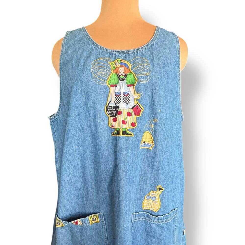 Vintage Quacker Factory Denim Jumper Midi Dress Plus 2X Yellow Floral Embroidery